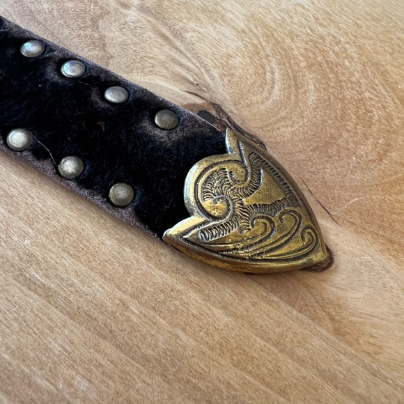 US MECO PARIS BELT VTG BLACK LEATHER METAL MESH BRONZE GROMMET STUDS WESTERN - Picture 6 of 12